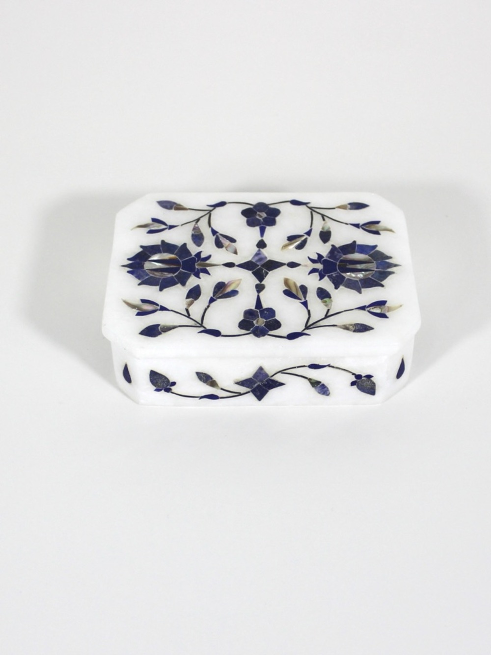 Vintage Marble Box Inlaid with Lapis Lazuli and Mother of Pearl